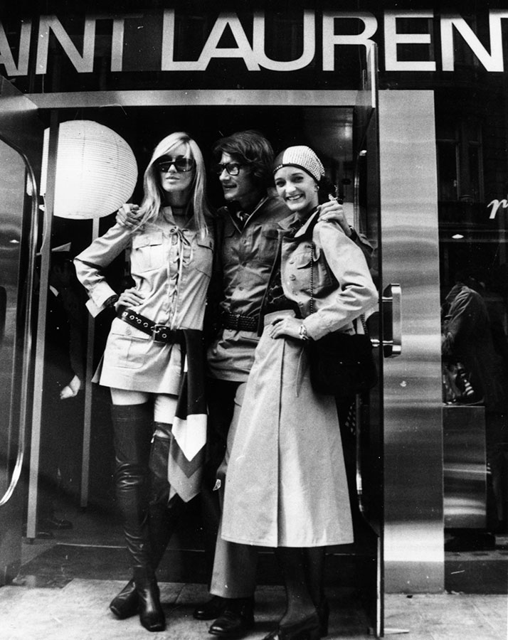 Wesley, photograph of Betty Catroux, Yves Saint Laurent, and Loulou de la Falaise at the opening of the Saint Laurent Rive Gauche boutique in London, 1969, Wesley/Getty Images