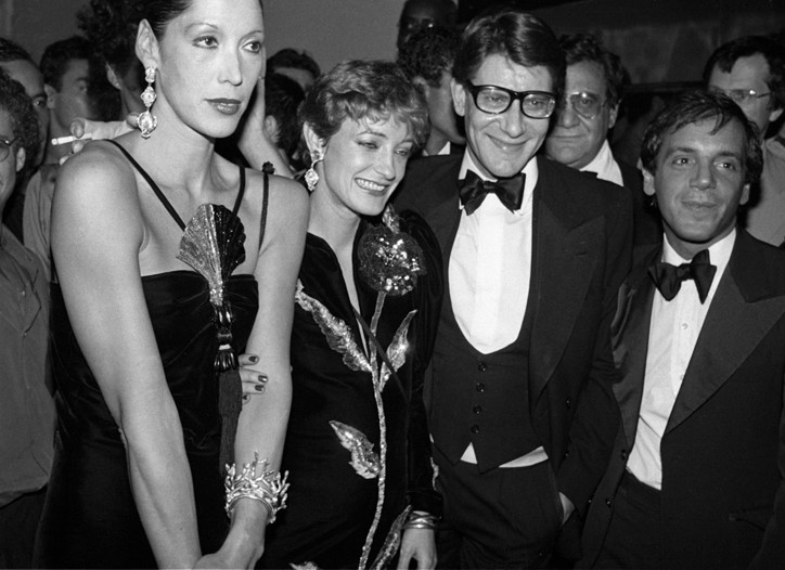 Marina Schiano, Loulou de la Falaise, Yves Saint Laurent at the Opium launch party, 1978. via Nick Verreos