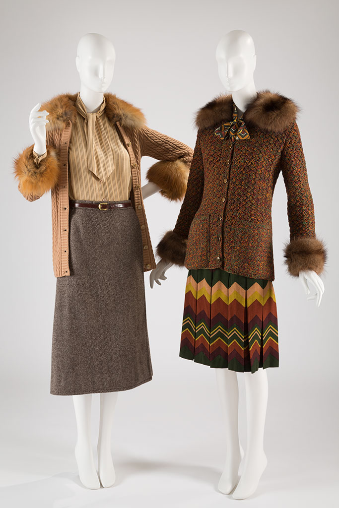 (left) Saint Laurent Rive Gauche, sweater, camel wool and fur, 1973, France, 89.32.6, gift of Catherine Cahill; (right) Yves Saint Laurent, ensemble, multi-color wool, silk, and fur, 1972, France, 95.58.1, gift of Judith Rudner Kessel.