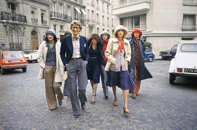 Jean-Luce Hure, photograph of Yves Saint Laurent and models wearing his designs in Paris that appeared on the front page of Women's Wear Daily, April 24, 1972.