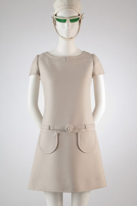 André Courrèges, dress, circa 1968, France. Gift of Bernie Zamkoff.  Pierre Cardin, hat, circa 1965, France. Gift of Janet A. Sloane.  © The Museum at FIT 