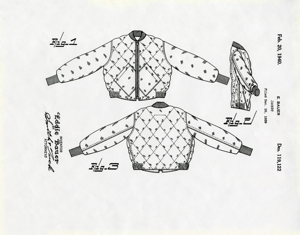Patent illustration for Eddie Bauer Skyliner jacket, 1940. Photograph courtesy of the Eddie Bauer Archives.