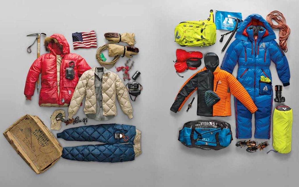 Eddie Bauer mountaineering gear in 1963 (left) and now (right). Photo courtesy of the Eddie Bauer Archives.