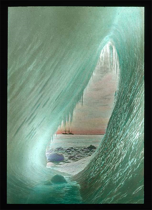 A hand colored lantern slide taken on the Belgica Antarctic expedition (1897-1899). The Explorers Club Research Collections.