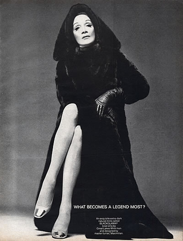Marlene Dietrich photographed by Richard Avedon for the ‘What becomes a Legend most?’ Blackglama campaign.
