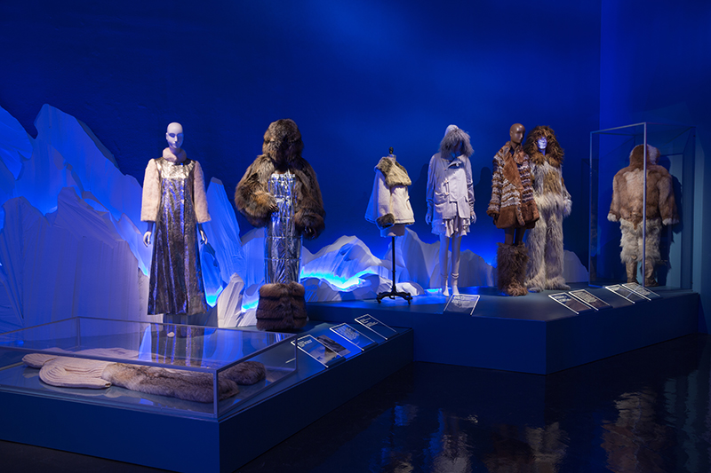 Mathew Henson's Inuit suit (far right) and Madame Grès' après ski ensemble (far left) on display in the Arctic section of the exhibition.  