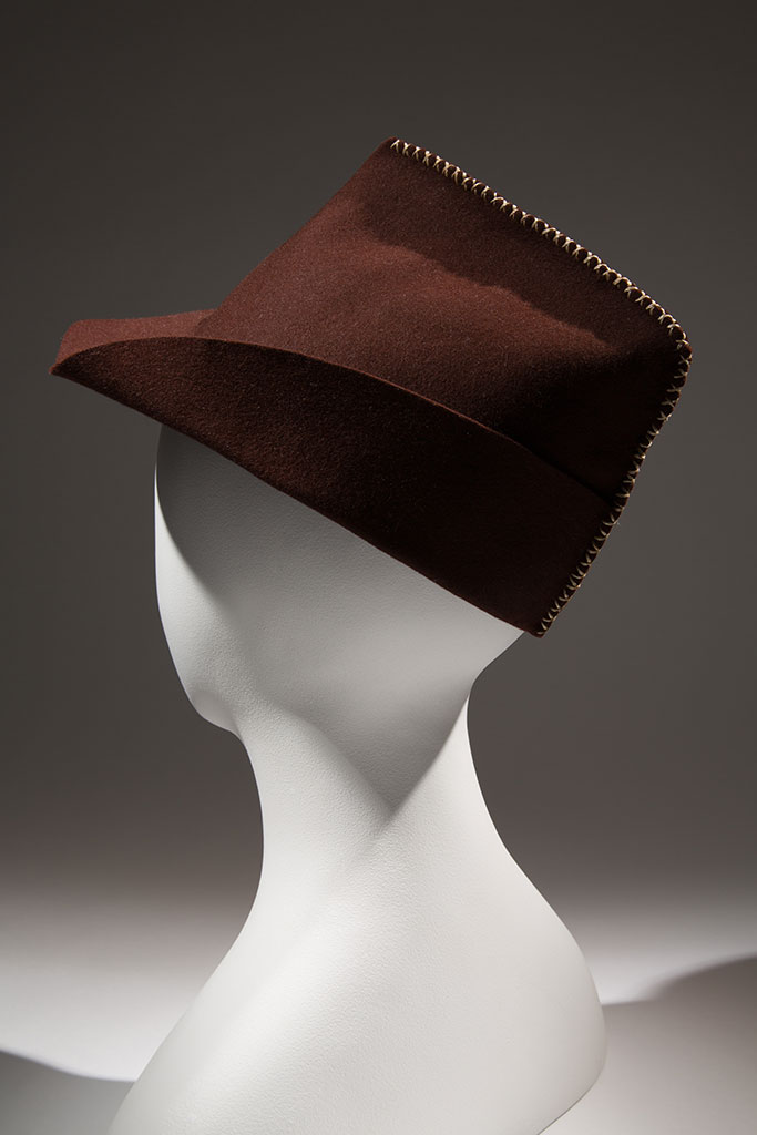 Florence Reichman brown felt hat with turn-down front, circa 1936, New York, gift of Mrs. Janet Chatfield-Taylor | copyright MFIT. Photo by Eileen Costa