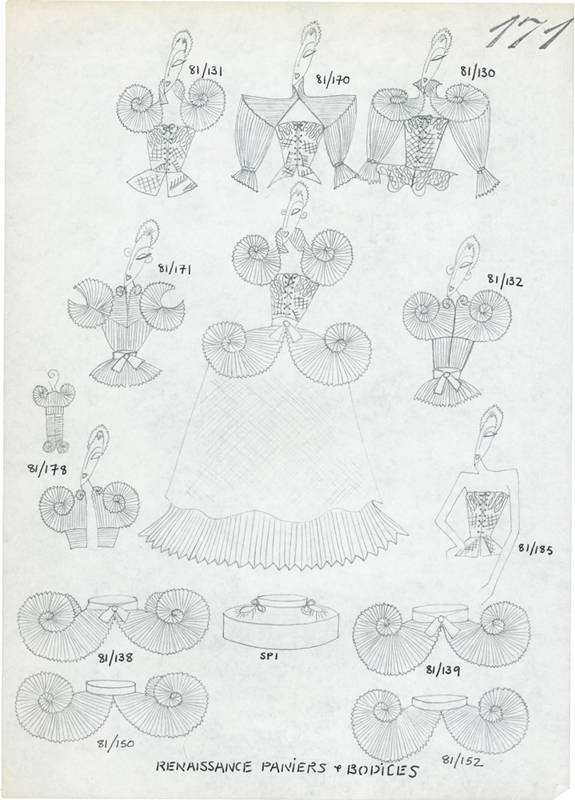 Sketches for top jacket of Zandra Rhodes synthetic lamé evening set