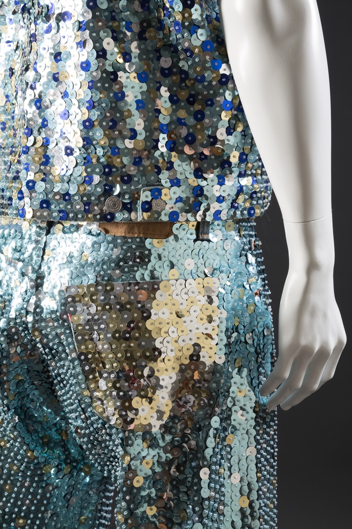 Man’s ensemble of upcycled GAP denim pants and vest with sequins and beads, Nicola Bowery, 1989
