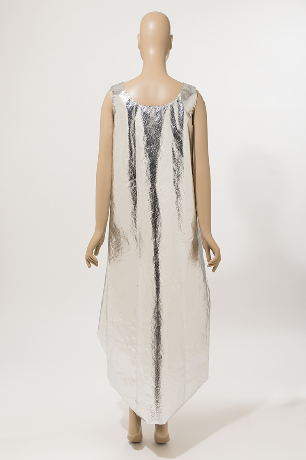 Back of metallic silver tent-silhouette dress with high-low hem. Dress has applied paper flower and butterfly motifs along the wearer’s right side and another at the back inside hem.