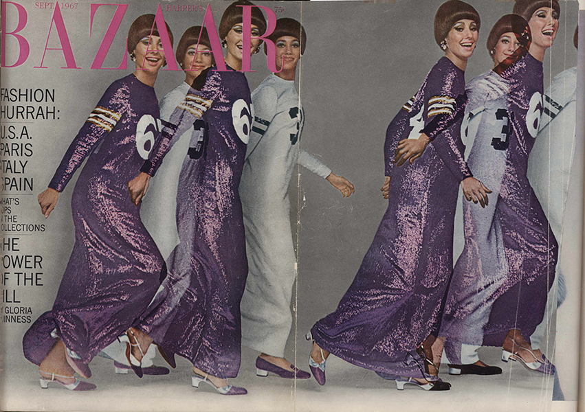 Cover of Harper’s Bazaar New York featuring models in Geoffrey Beene sequined silk jersey dresses