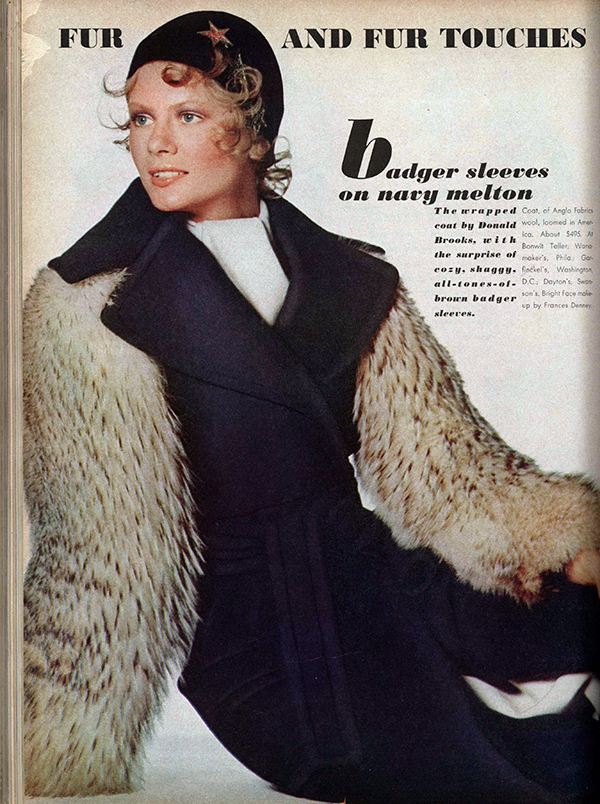 “Fur and Fur Touches” editorial featuring a Donald Brooks coat with badger fur sleeves