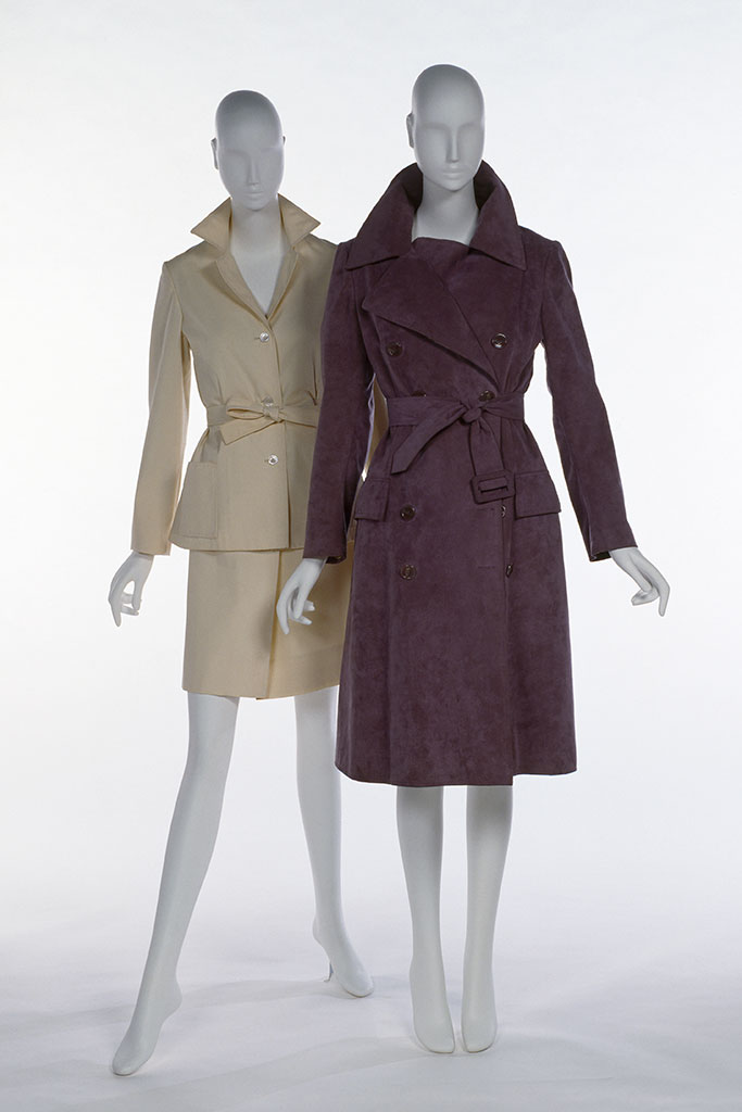 Left: Halston ensemble, off-white polyester poplin, c. 1972, USA, 76.69.19, Gift of Lauren Bacall Right: Halston coat, purple Ultrasuede, c. 1974, USA, 78.242.170, Gift of Mrs. Jefferson Patterson © MFIT