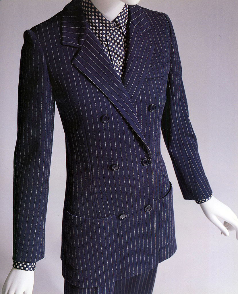 Saint Laurent Rive Gauche  navy "gangster" style suit, pinstripe wool, 1967, France, 78.57.6, gift of Ethel Scull