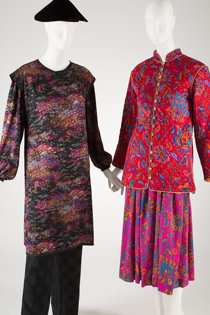 (left) Yves Saint Laurent ensemble, printed silk, 1977, France, 2006.35.2, Gift of Francine Gray(right) Saint Laurent Rive Gauche ensemble, printed fuschia silk satin and wool, 1976, France, 78.57.9, Gift of Ethell Scull