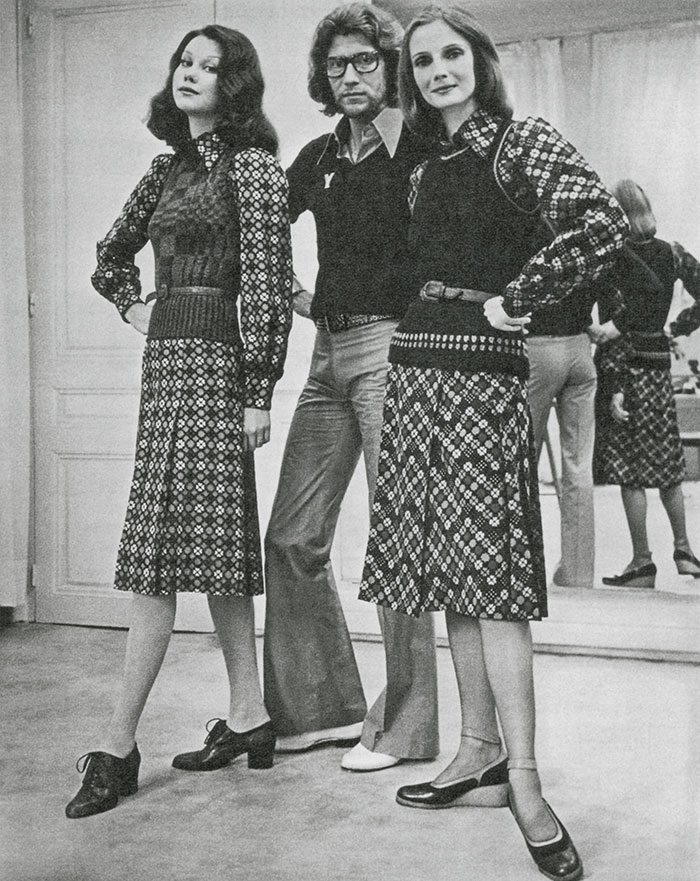 Henri Elwing, photograph of Yves Saint Laurent and models wearing a look from his ready-to-wear collection on the left and a look from his couture collection on the right, French Elle, June 9, 1971