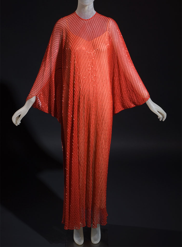 Halston, evening caftan, red beaded nylon, c. 1977, USA, 82.3.1, gift of Frederick Supper