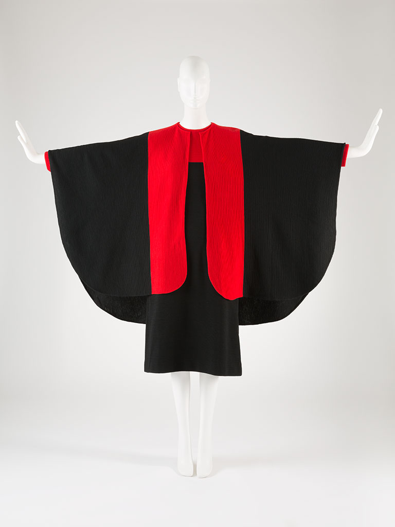 Halston for Bergdorf Goodman, dress and matching cape, red and black wool, c.1966, 82.42.4, gift of Mildred S. Hilson
