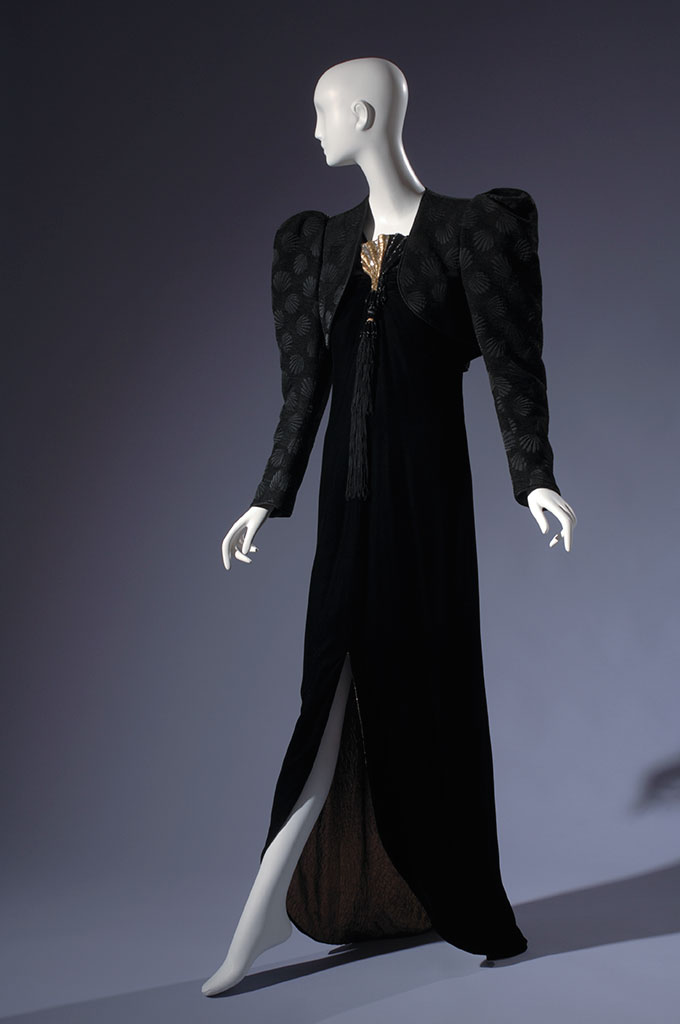 Yves Saint Laurent evening ensemble, black textured silk, velvet, and gold lame, France, gift of Marina Schiano