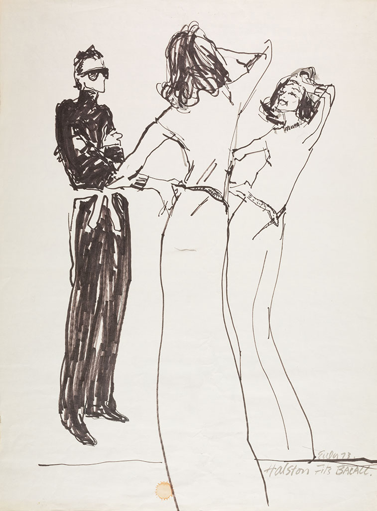 Joe Eula, illustration of Halston fitting Lauren Bacall, undated, The Halston Archive, MFIT