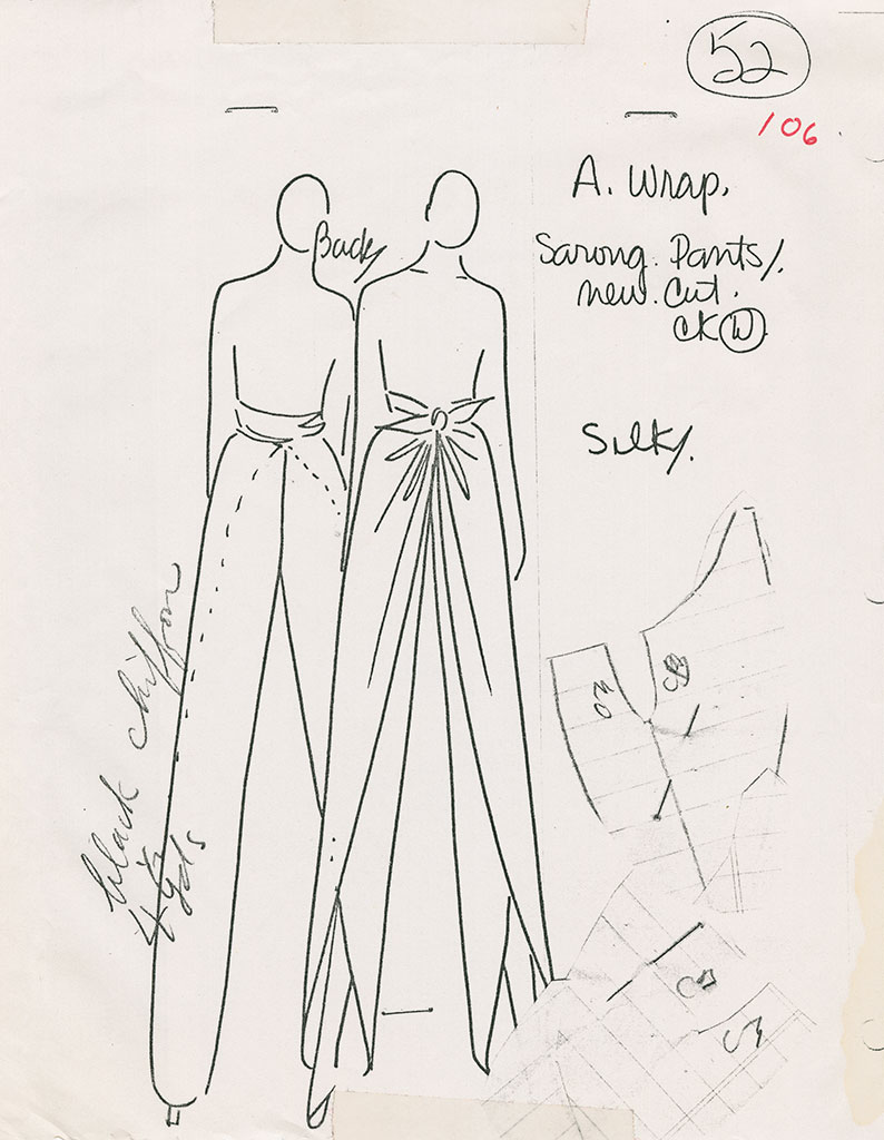 Halston, sketch of “sarong” pants, 1977, The Halston Archives, MFIT
