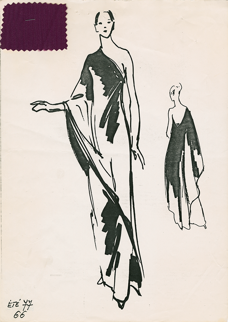 Sketch of a one-shouldered gown by Madame Grès, summer 1977. Private Collection.