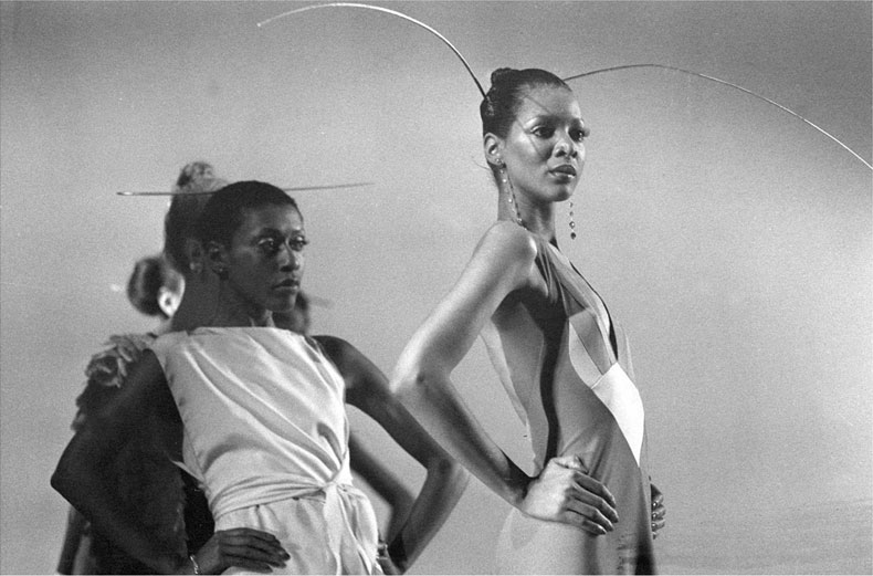 Models Bethann Hardison and Ramona Saunders, wearing Stephen Burrows, the Battle of Versailles fashion show, 1973. via Decades