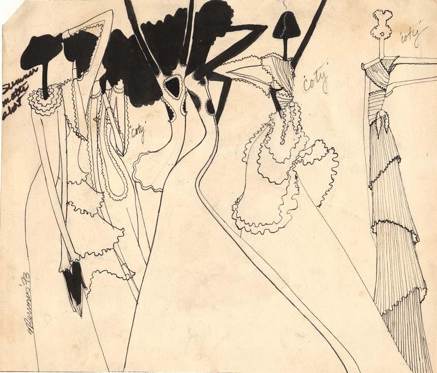 Stephen Burrows’s illustration of lettuce-edge dresses for Coty fashion show, 1973. via Museum of the City of New York