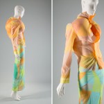 Body Meets Dress, Dress Meets Body | Rei Kawakubo is known for challenging conventions of feminine beauty in her work. She took this to an extreme in her Body Meets Dress, Dress Meets Body collection for Comme des Gaçons—nicknamed the “Bump” collection for the soft pads sewn into many of the looks. Comme des Garçons Jacket, skirt, “Bump” collection, Spring 1997 Lent by Anonymous