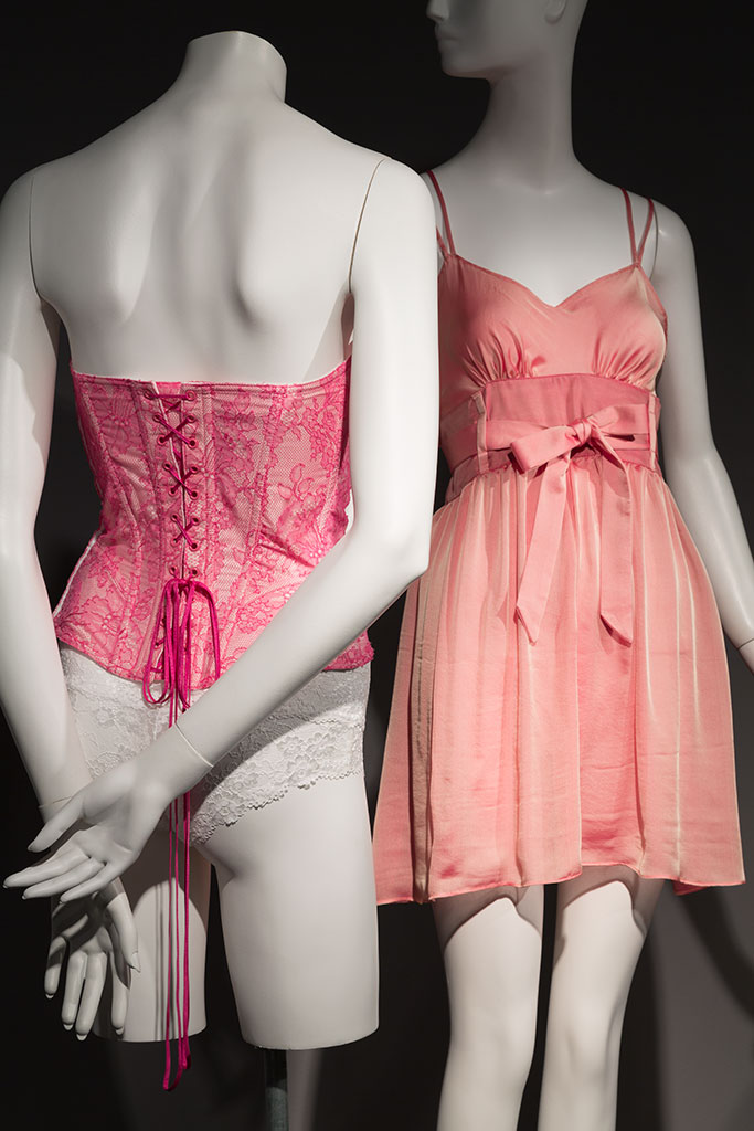 Left: Cadolle Malia corset, chantilly lace, cotton, Spring 2007, France. Right: Cadolle Kyo nightgown, silk, 2008, France. Both gift of Cadolle Paris | copyright Eileen Costa