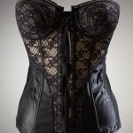The bustier—an abbreviated, modernized version of the corset—was especially fashionable during the 1980s. This example is lightly boned over the front of the torso, but relies primarily on a stretch knit fabric for a snug fit. The resulting style highlights and contains the body’s curves, rather than aggressively molding them. Jersey, lace, satin, circa 1988, USA, 93.159.65, gift of Ady Gluck-Frankel