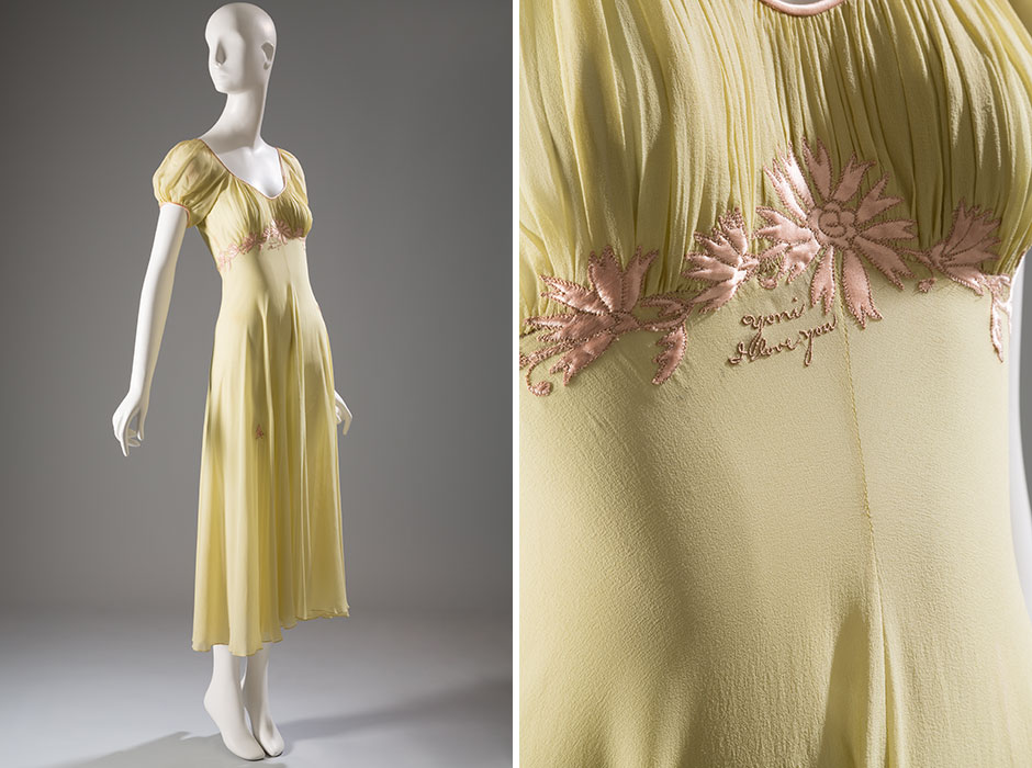 Couture lingerie designer Juel Park made Grace Kelly’s trousseau, and fashioned lingerie for Marlene Dietrich, Marilyn Monroe, and Elizabeth Taylor—among many others. She began her business in Hollywood in 1929. Park’s meticulous hand-craftsmanship—as well as her store’s prime Hollywood location—ensured her success with an especially elite clientele. Silk crepe chiffon, circa 1945, USA, 2009.66.11, gift of Christina Orr-Cahall in honor of Anona Boben