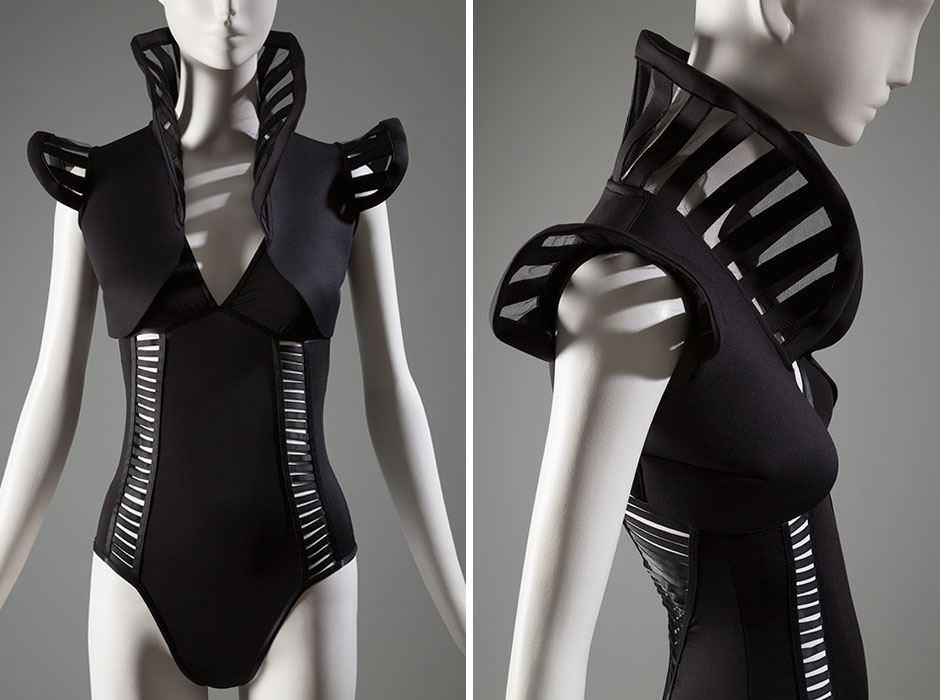 Sarah Cohen’s dynamic collection of lingerie blurs the lines between underwear and outerwear. While her bodysuits act as foundation garments, they are also designed to be seen. Cohen eschews delicate materials and pastels for black stretch fabrics, and highlights the body using cutouts. She describes her technique as “dealing with different tensions—like engineering for clothing.” Stretch nylon and neoprene, 2014, Colombia, 2014.11.1-.2, gift of Suki Cohen