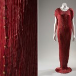 Fortuny’s Delphos gown, inspired by drapery from ancient Greek sculpture, is crafted from finely-pleated silk that skims the wearer’s body. Intended to be worn without a corset, the Delphos was first used as a tea gown. Pleated silk, glass beads, circa 1925, Italy, 85.193.5, gift of Mrs. Varney T. Elliot and Mrs. Rosemary T. Franciscus