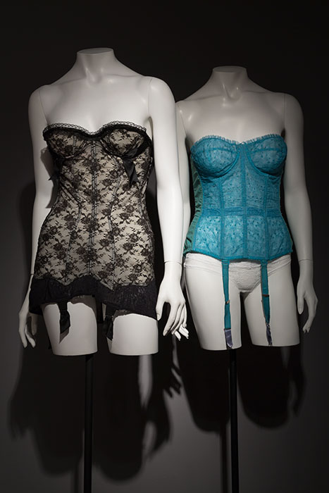 “Emphasis is being placed on the small, nipped-in waistline, as the important feature for this fall’s foundation silhouette,” reported the New York Times in 1951. “The general contour is one of rounded, easy feminine lines with no angles.” Strapless corselets were ideal for wear beneath evening gowns, and underwire cups lifted and emphasized the breasts. Warner’s line of “Merry Widow” foundation garments was inspired by the 1952 movie of the same name, which featured Lana Turner wearing an elaborate, long-line corset. While Warner’s Merry Widows changed in style over the course of the 1950s, all were intended to reduce the measurement of the waist significantly. Left: Marie-Rose Lebigot for Lily of France corselet ,lace, nylon, elastic, circa 1954, USA, 82.155.8, gift of Mr. Robert Kaye Right: Warner’s “Merry Widow” corset, embroidered nylon, elastic, circa 1957, USA, 81.24.32, gift of Mrs. Sally Iselin