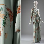 The silhouette of these lounging pajamas was inspired by the 1930s, but the printed silk was decidedly of-the-moment. From the late 1960s through the mid-1970s, emphasis on all things “natural,” including the bare body, was often manifested in revealing clothing styles—but it was also referenced in other ways, such as the motif of a nude woman on this fabric. Printed silk, 1976, USA, 99.14.3, gift of Valerie Porr