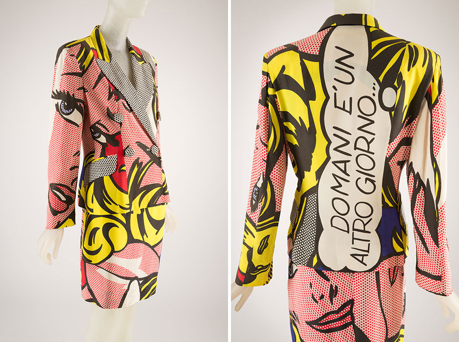 Franco Moschino recreated Roy Lichtenstein’s painting Girl with Ribbon Hair on this suit. To avoid any copyright violations, he requested permission from the artist. Yet Moschino gives the suit a personal flair by using an Italian translation of “Tomorrow is another day” in the speech bubble. Acetate and rayon blend, rayon, 1991, Italy, 2014.8.1, museum purchase