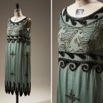 Rayon crepe, bugle and seed beads, circa 1926, USA, 76.125.1, gift of Mrs. Mirsky Couturier Madeleine Vionnet fought copying of her designs on several fronts. For her “Little Horses” dress, she collaborated with embroiderer Albert Lesage to create a difficult-to-copy beading technique. Nevertheless, her beaded horses were reproduced in this unauthorized version, though the lower portion of the dress was eliminated.