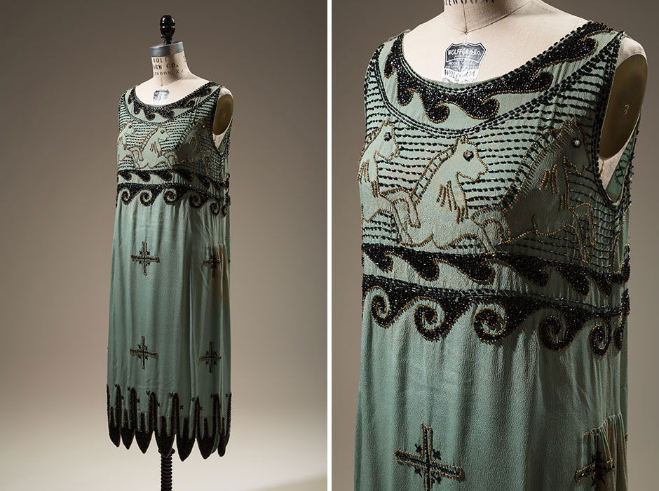 Rayon crepe, bugle and seed beads, circa 1926, USA, 76.125.1, gift of Mrs. Mirsky Couturier Madeleine Vionnet fought copying of her designs on several fronts. For her “Little Horses” dress, she collaborated with embroiderer Albert Lesage to create a difficult-to-copy beading technique. Nevertheless, her beaded horses were reproduced in this unauthorized version, though the lower portion of the dress was eliminated.
