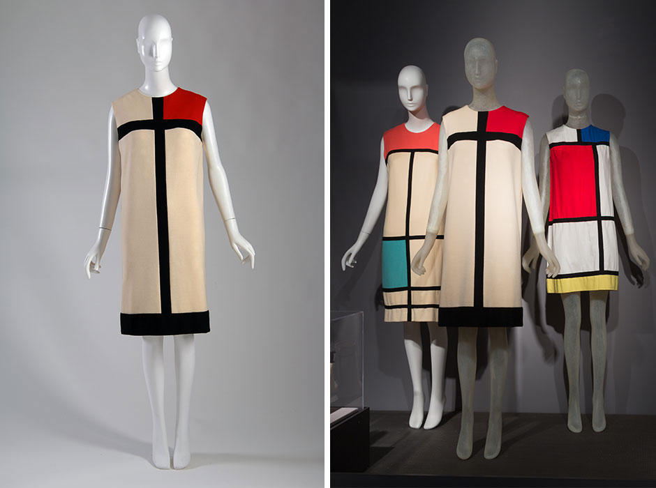 Yves Saint Laurent’s “Mondrian” dress is one of the most famous examples of a designer “borrowing” from the world of fine art. Saint Laurent strategically placed each individual shape on this dress, in order to achieve what Harper’s Bazaar described as “assertive abstraction, a semaphore flag, sharply defined in crisp white jersey, perfectly proportioned to flatter your figure.” Copies ranging from dresses to boots popped up in the wake of YSL’s 1965 collection. In Saint Laurent’s original “Mondrian” dress, the rectangles and grid lines are separate pieces that have been sewn together. In these copies, only the colored squares were applied separately, and a black braid was top-stitched to create the grid pattern. Pictured left: Yves Saint Laurent “Mondrian” dress Wool jersey, 1965, France, 95.180.1, gift of Igor Kamlukin from the Estate of Valentina Schlee Pictured right: In the center, an authentic Yves Saint Laurent "Mondrian" dress. On the left: Unauthorized copy of YSL's “Mondrian” dress Wool, circa 1966, USA, P91.51.6, museum purchase On the right: Phil Jacobs, unauthorized copy of YSL’s “Mondrian” dress Cotton duck, braid, circa 1966, USA, P91.51.7, museum purchase