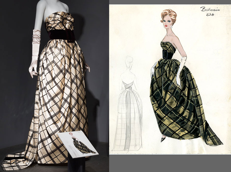 The sketch above was used by Bergdorf Goodman’s couture salon to market line-for-line copies of couture samples, such as this dress by Pierre Balmain. If Bergdorf’s received orders for twelve copies of a particular sample, it was considered successful; eighteen to twenty orders were considered exceptional. Cream silk satin, black velvet, 1960, France, 84.103.5, gift of Mrs. Roger Tuteur
