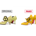 Left: Christian Louboutin Pensee shoes, silk crêpe, 1996-1998, France, 99.30.9, gift of Christian Louboutin Right: Counterfeit Christian Louboutin Pensee shoes, suede, plastic, 2014, China, 2014.43.1, museum purchase