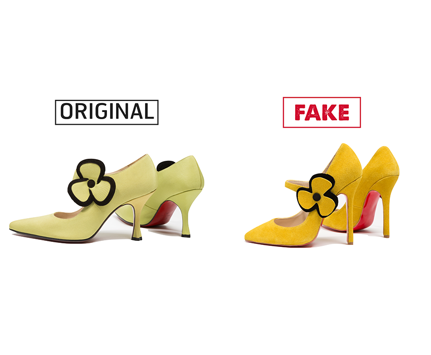Left: Christian Louboutin Pensee shoes, silk crêpe, 1996-1998, France, 99.30.9, gift of Christian Louboutin Right: Counterfeit Christian Louboutin Pensee shoes, suede, plastic, 2014, China, 2014.43.1, museum purchase