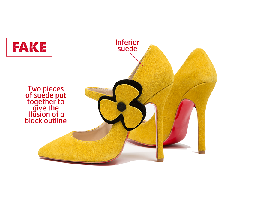 Counterfeit Christian Louboutin Pensee shoes. Suede, plastic, 2014, China, 2014.43.1, museum purchase