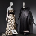 Left: Pierre Balmain evening gown, cream silk satin, black velvet, 1960, France, 84.103.5, gift of Mrs. Roger Tuteur Right: Lord & Taylor ready-to-wear reproduction of a Givenchy evening coat, slubbed silk satin, 1965, France, 75.125.6, gift of Jane Stark In 1965, Hubert de Givenchy designed a ready-to-wear collection exclusively for Lord & Taylor. It was based on his couture garments and was made at his atelier in Paris. Givenchy often used double-faced silk satin in his couture collections. The fabric in this coat creates volume as it bestows luxury.
