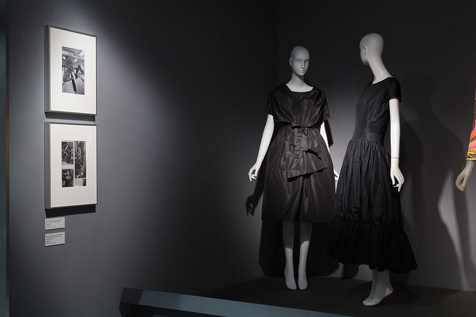 “Balenciaga was notorious for his disdain of the press . . . all of whom could be suspect [of copying],” said fashion historian Alexandra Palmer. Balenciaga banned the press from his spring 1956 show for one month, as did his friend Givenchy, making it possible for them to offer their private clients and commercial buyers an exclusive preview. Yet despite the delay, their designs were knocked off before the original creations were released. Left: Cristóbal Balenciaga cocktail dress, silk faille, circa 1956, France, 82.208.3, gift of David Biderman Right: Hubert de Givenchy cocktail dress, tissue taffeta, lace, 1956, France, 2006.35.1, gift of Francine Gray