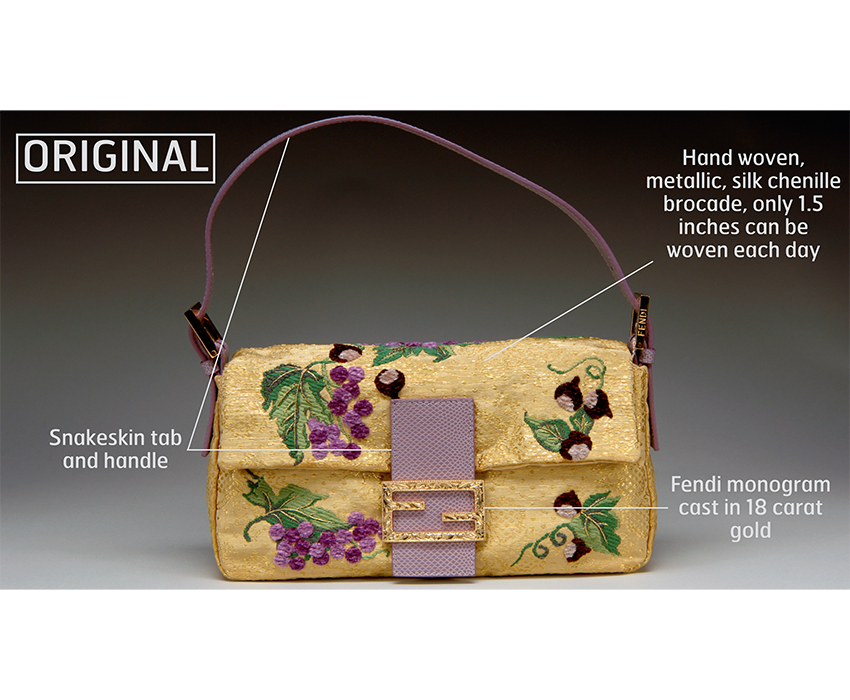 Fendi Baguette bag. Metallic silk brocade, chenille, snakeskin, metal, Fall 2001, Italy, 2007.25.1, gift of Fendi