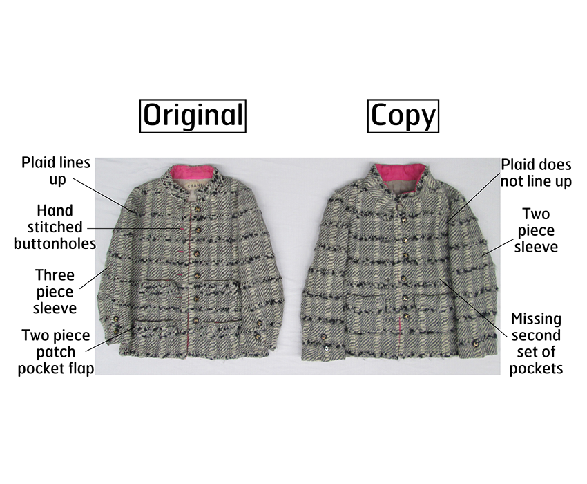 Detail, Gabrielle Chanel day suit and licensed copy