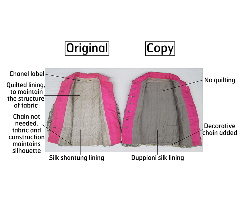 Detail, Gabrielle Chanel day suit and licensed copy