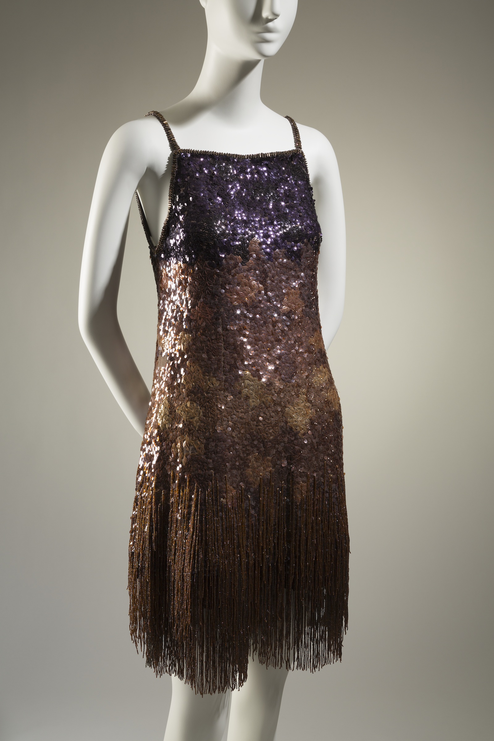 Yves Saint Laurent, evening set, silk organza, sequins, beads, fall 1969, France. Gift of Lauren Bacall.